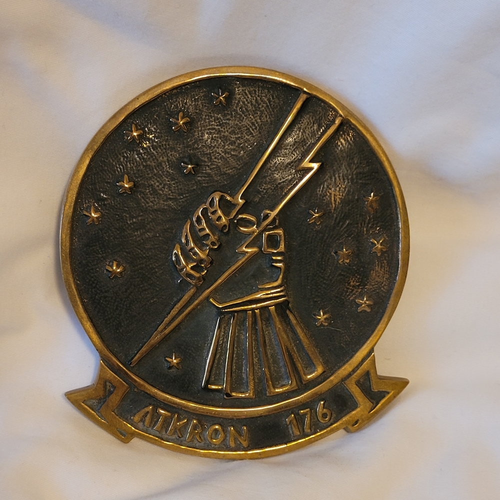 Vintage ATKRON 176- Attack Squadron 176,  "Thunderbolts" Brass Emblem, Military
